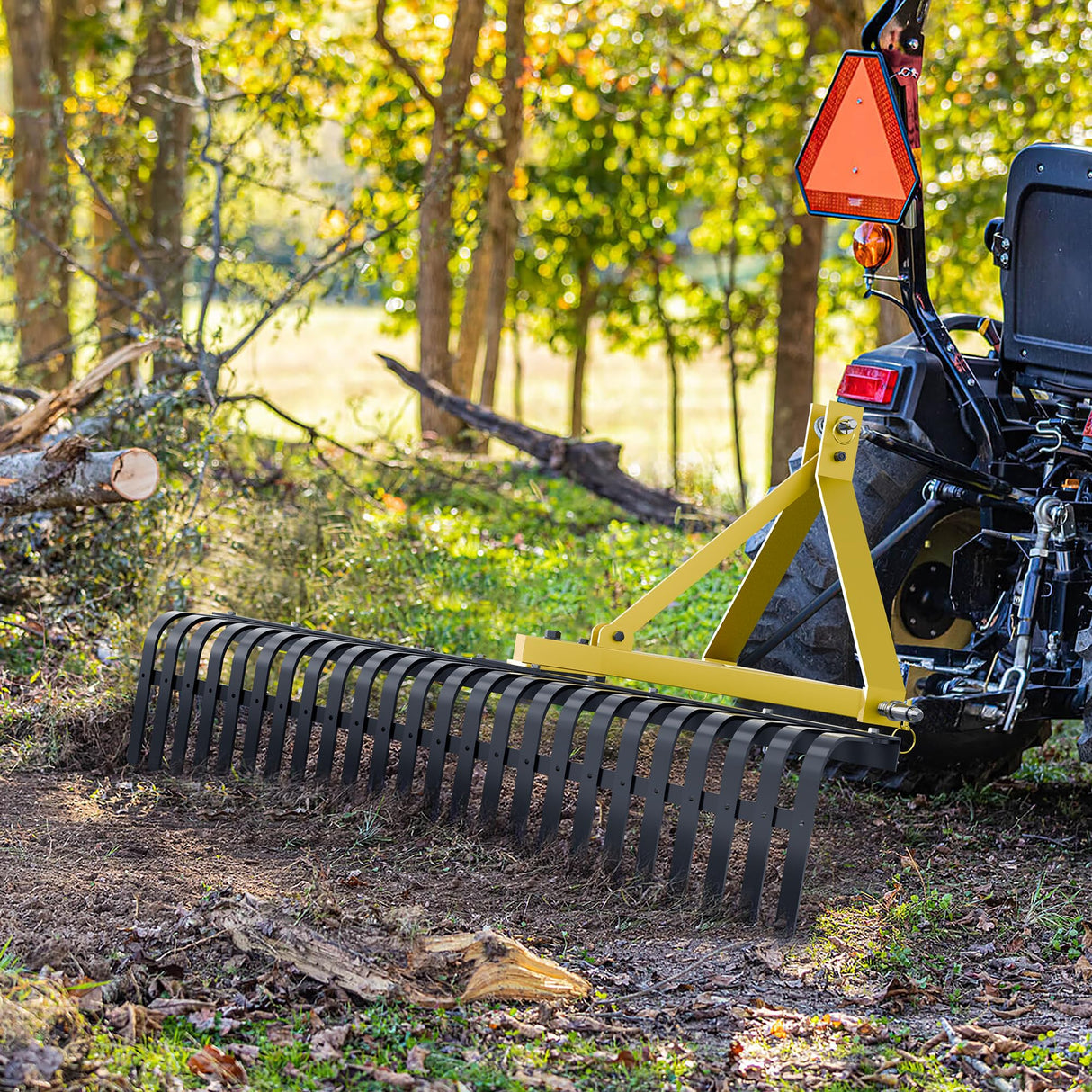 YZONA 60" 3 Point Rock Rake for Tractors, Heavy-Duty Landscape Rake with 360° Rotation, Category 1 Hitch Attachment, Tow-Behind Pine Straw Harrow for Garden, Lawn Care, Farm, Black & Yellow