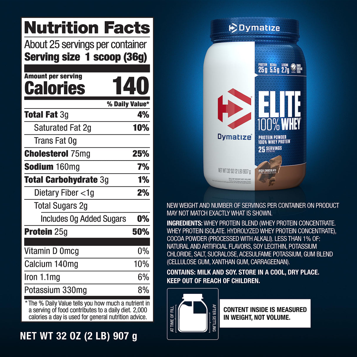 Dymatize Elite 100% Whey Protein Powder, Chocolate, 25g of Protein, 5.5g BCAAs, Less Than 140 Cal., Gluten Free, 3g Carb, 2g Sugar, 3g Fat (25 Servings)