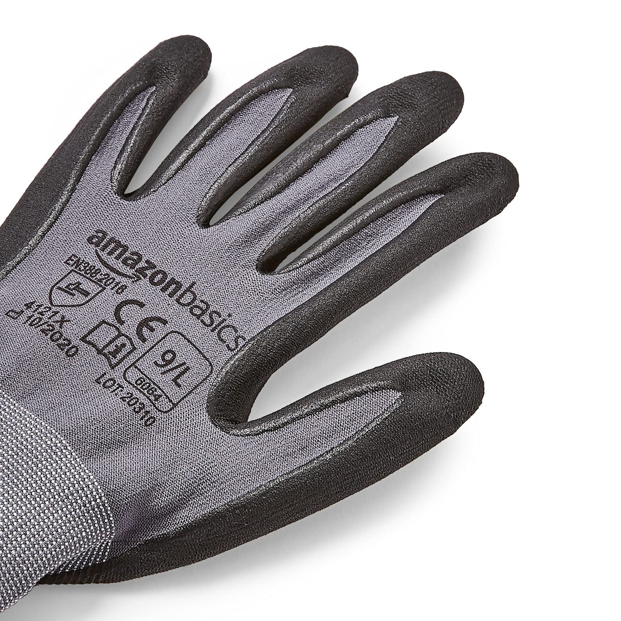 Amazon Basics Micro-Foam Nitrile Coated Safety Work Gloves, Nylon Liner Fiber, Touch Screen Compatible, Grey, Size 9, Large, 6-Pack