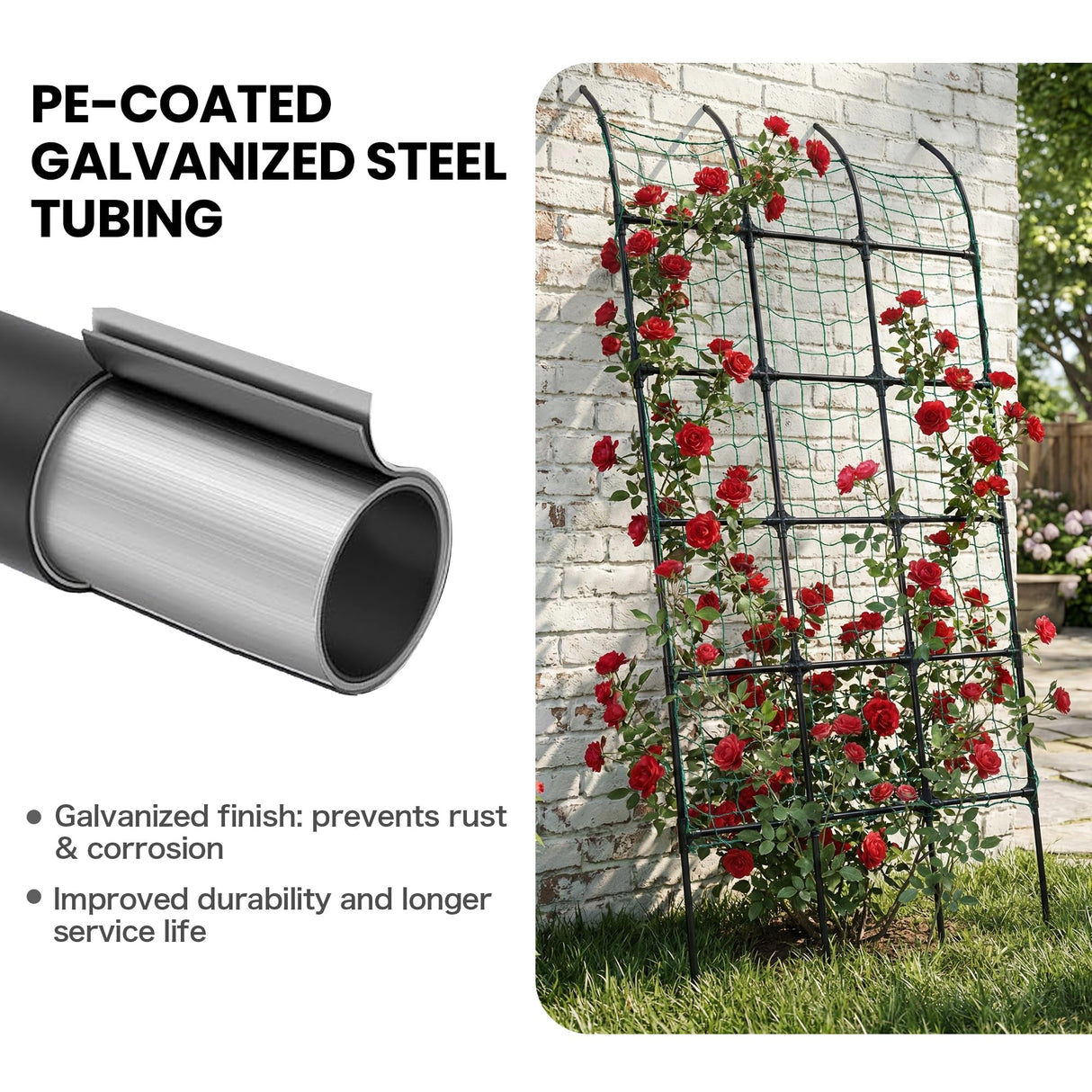 popsea 8.8ft Leaning Garden Trellis, No-Drill Lean-to Design for Climbing Plants | PE-Coated Galvanized Steel Plant Support for Flowers & Vegetables, Rust-Proof & Space-Saving Vertical Gardening