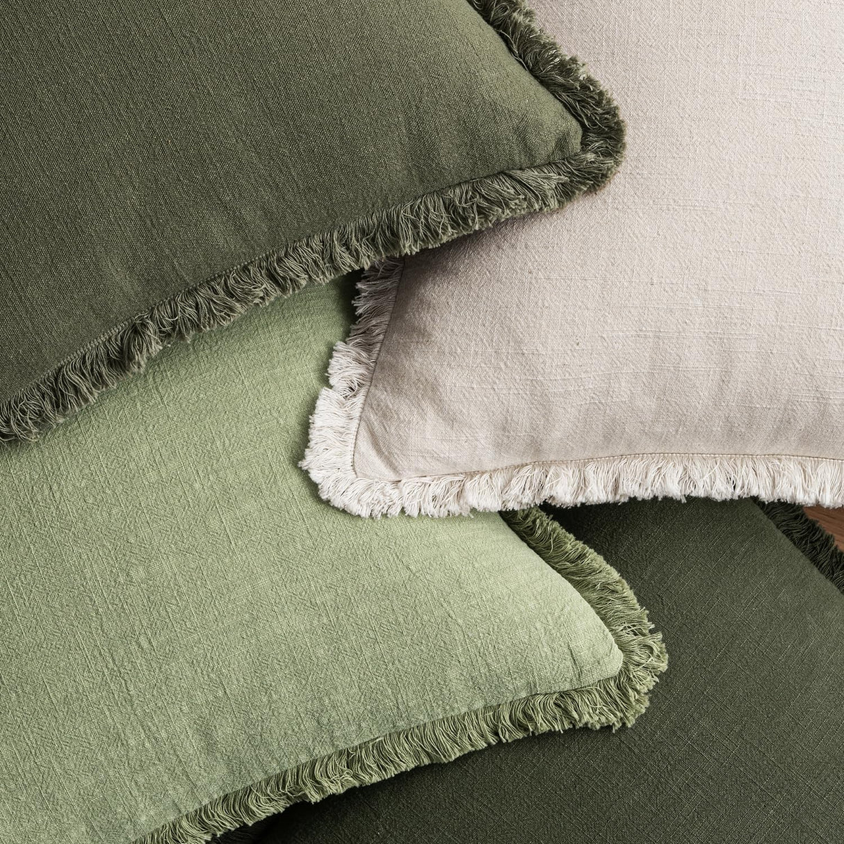 MIULEE Christmas Decorative Couch Pillow Covers Neutral Linen Fringe Throw Pillows Set of 4 Boho Farmhouse Accent Cushions for Bed Sofa Living Room Spring Home Decor 18x18 Inch Beige/Sage Green