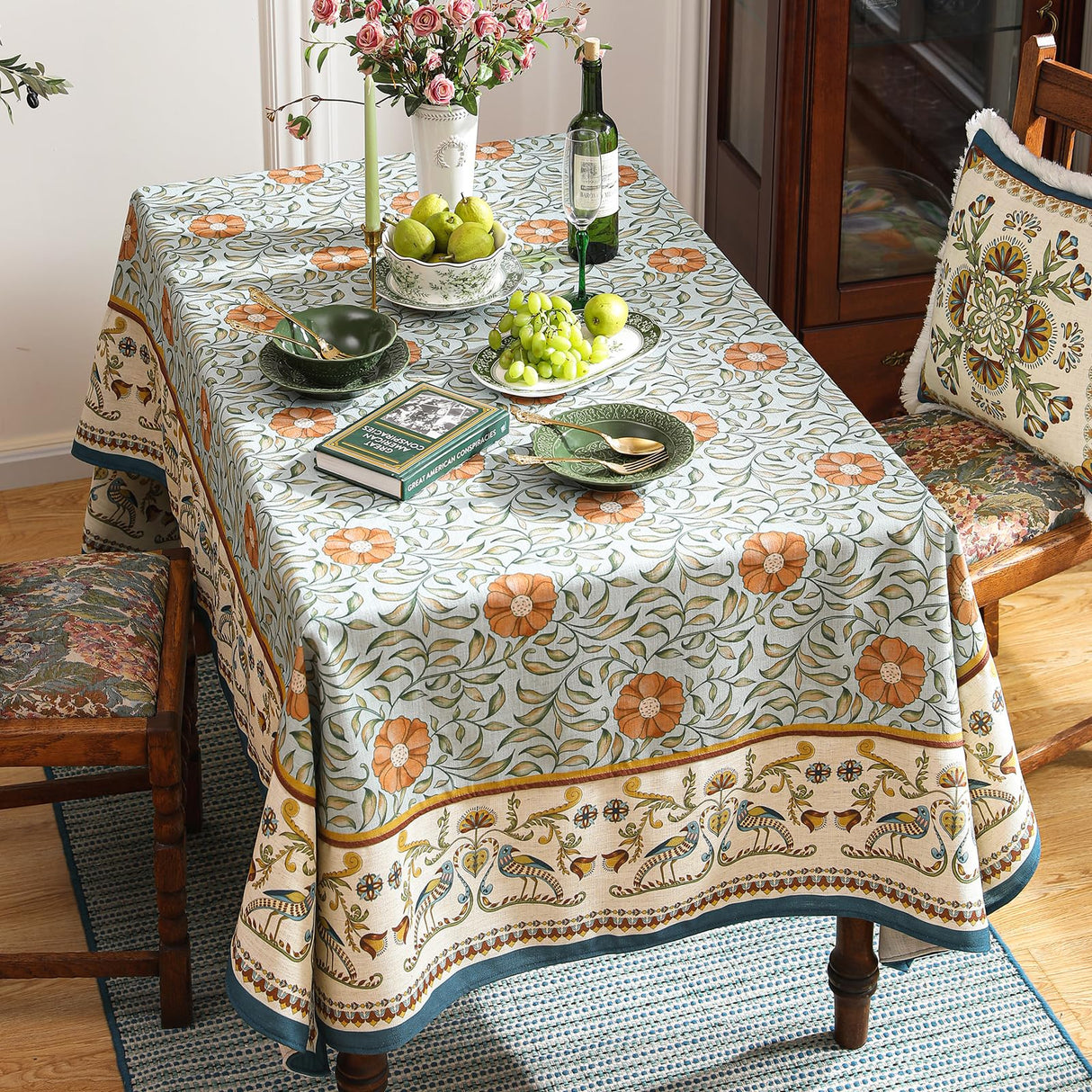patdrea Designer French Linen Tablecloth Rectangle for Tables,Italian Floral Tablecloth,Provencal Country Tablecloths,FlowerBlue Pattern Table Cover for Kitchen Dining,Christmas,55"x79"