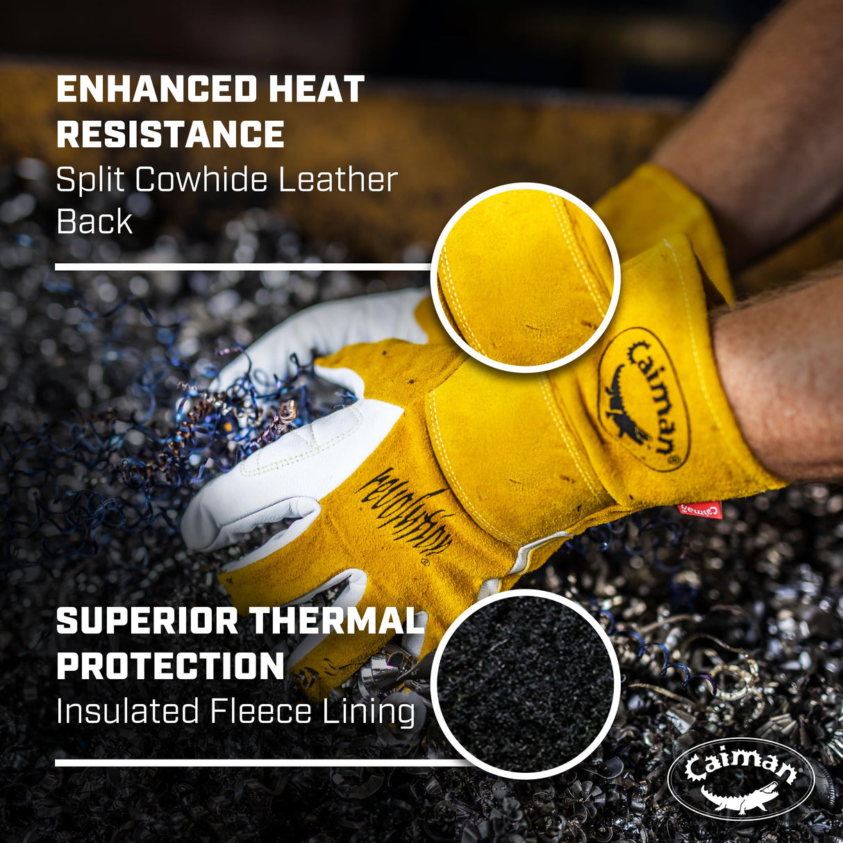 Caiman Premium Goat Grain TIG/Multi-Task Welding Gloves, Split Cowhide Back, 4-Inch Extended Cuff, White/Gold, Large (1540-5)