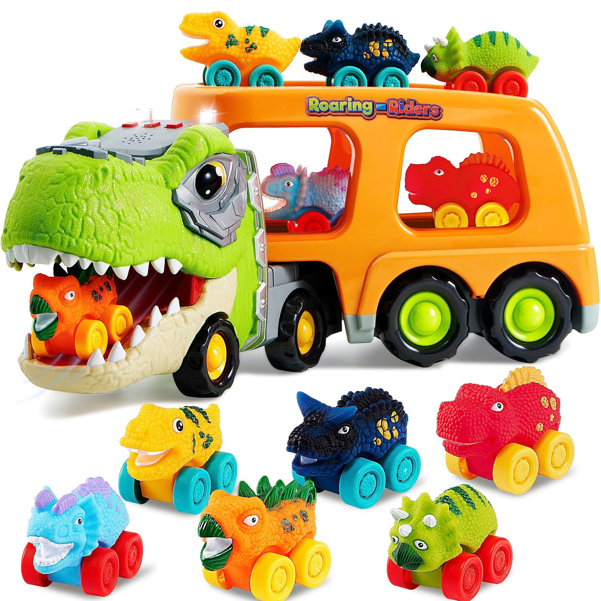 JOYIN Dinosaur Toys for Kids 2-4, Toddler Boy Toys, Dinosaur Carrier Truck with 6 Rubber Car Vehicles, Christmas Birthday Gifts with Music & Lights for 2 3 4 5 Year Old