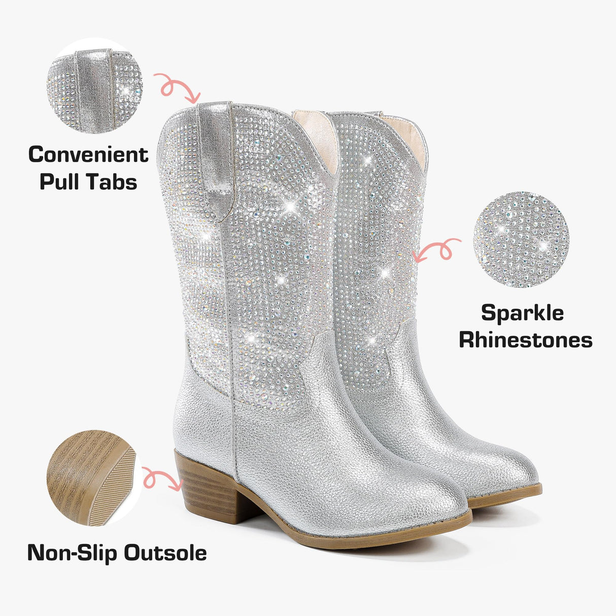 Motasha Girls Cowgirl Cowboy Boots Kids Rhinestone Sparkly Dress Western Boot Sparkle Big Kid Toddler Mid Calf Zipper Dance Party Birthday Halloween Christmas(M7112 Silver 13)