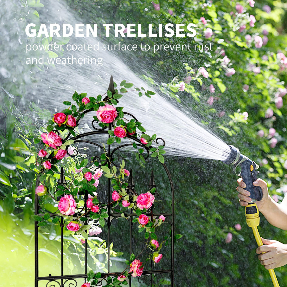 SCENDOR Garden Trellis for Climbing Plants, 60" H x 21.7" W Heavy Duty Metal Trellis, 5FT Rustproof Black Iron Vine Support Trellis with Ground Stakes, Decorative Cupid Arrow Design for Roses, Vines