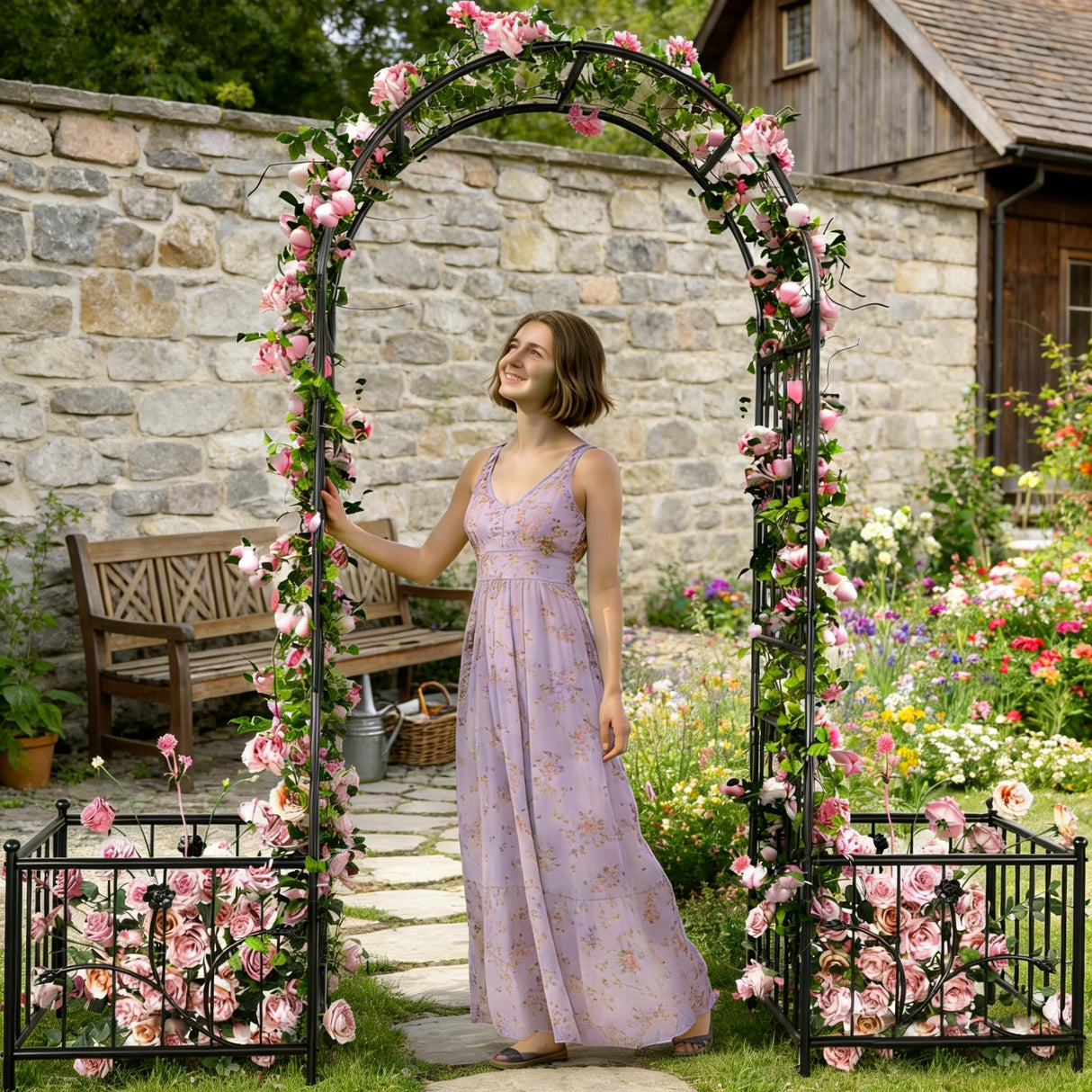 Ultym 76" W x 86" H Black Metal Garden Arbor with Planter Boxes