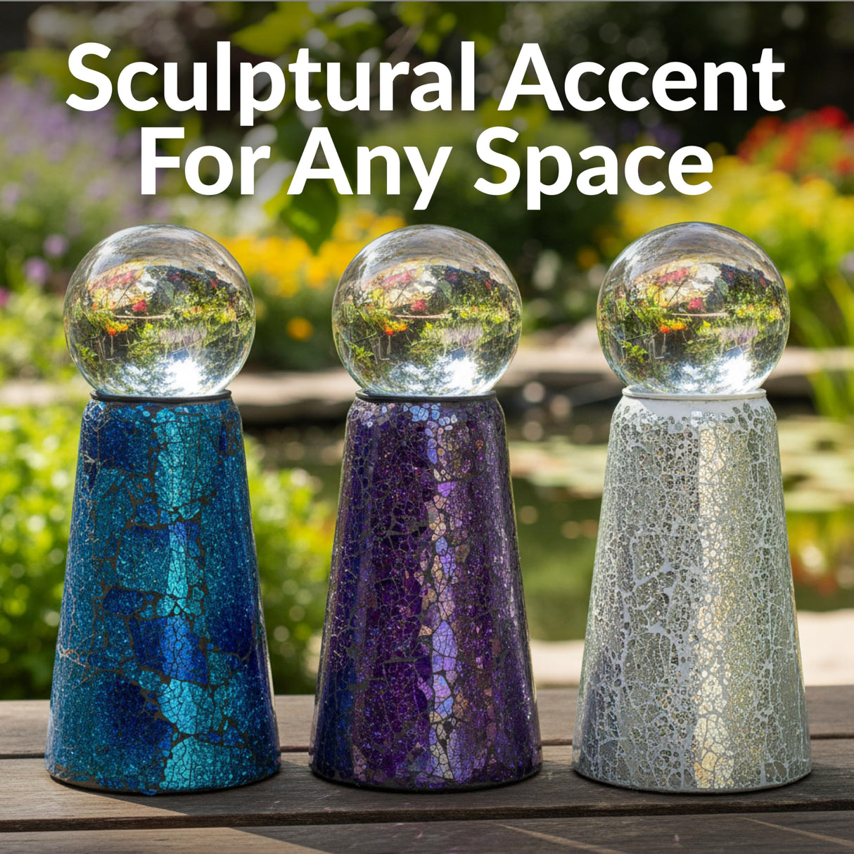 Sunnydaze Glass Gazing Ball Stand for Gazing Globes - Outdoor Mosaic Sphere Holder & Pedestal for Backyard or Patio Decoration - Deep Ocean Swirl