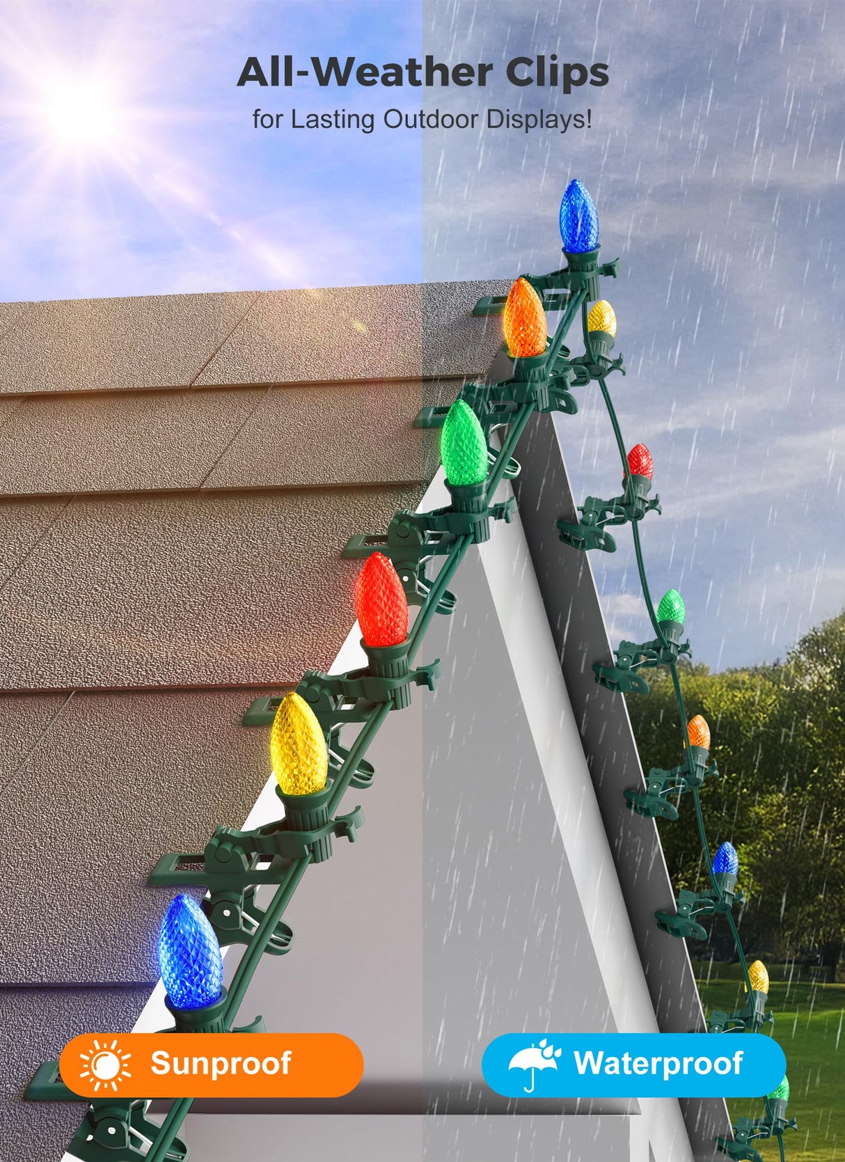C7 C9 Christmas Lights Spring Clips, 100 Count Holiday Lights Quick Spring Clips, Shatterproof Shingle and Gutter Clips for E12, E17Socket, Rope Lights Roofline Fence Railing Mantel Christmas Trees