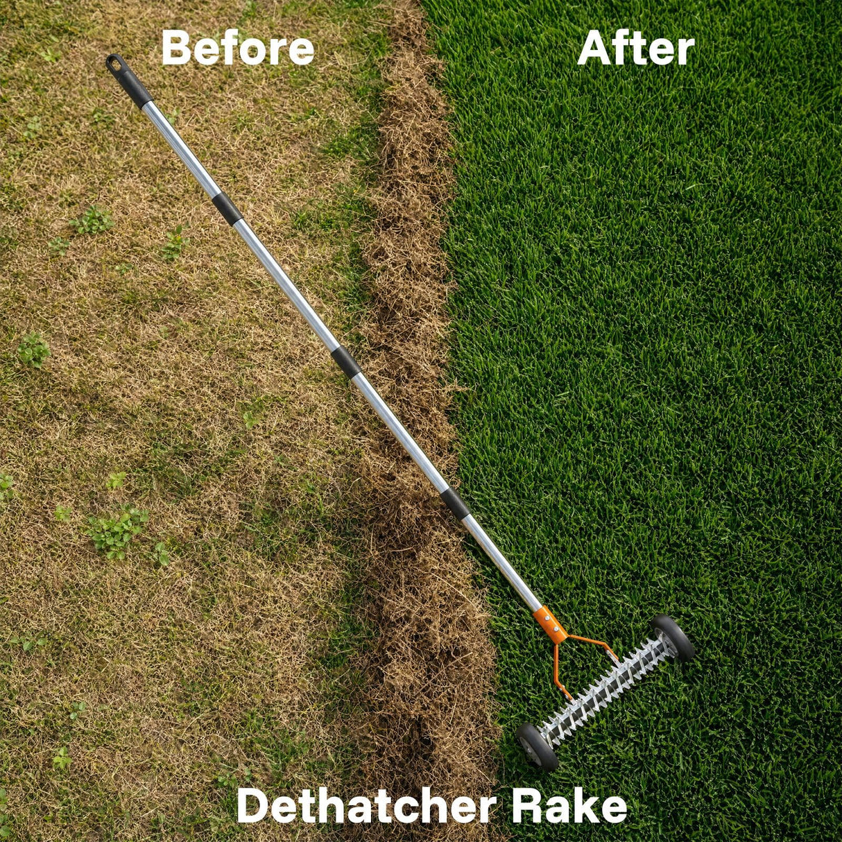 Thatch Rake 15 Inch with Wheels for Lawn Dethatching