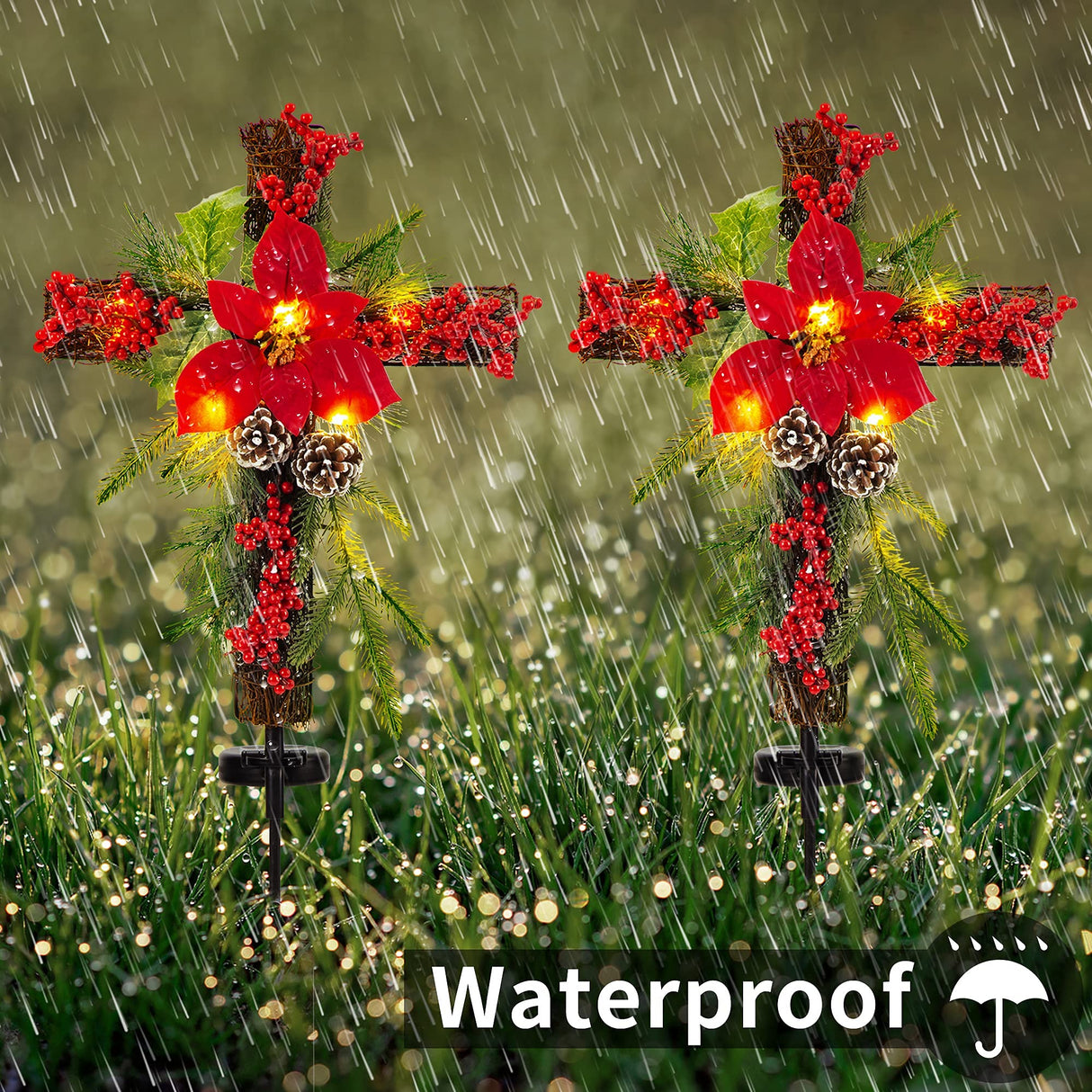 SOWSUN Solar Christmas Decorations Outdoor LED Lights, Xmas Waterproof Cross Stake, Cemetery Grave Decorations,Faux Pine Cones and Foliage Ornament Stakes for Garden Lawn Yard Cemetery, Set of 2