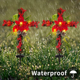 SOWSUN Solar Christmas Decorations Outdoor LED Lights, Xmas Waterproof Cross Stake, Cemetery Grave Decorations,Faux Pine Cones and Foliage Ornament Stakes for Garden Lawn Yard Cemetery, Set of 2