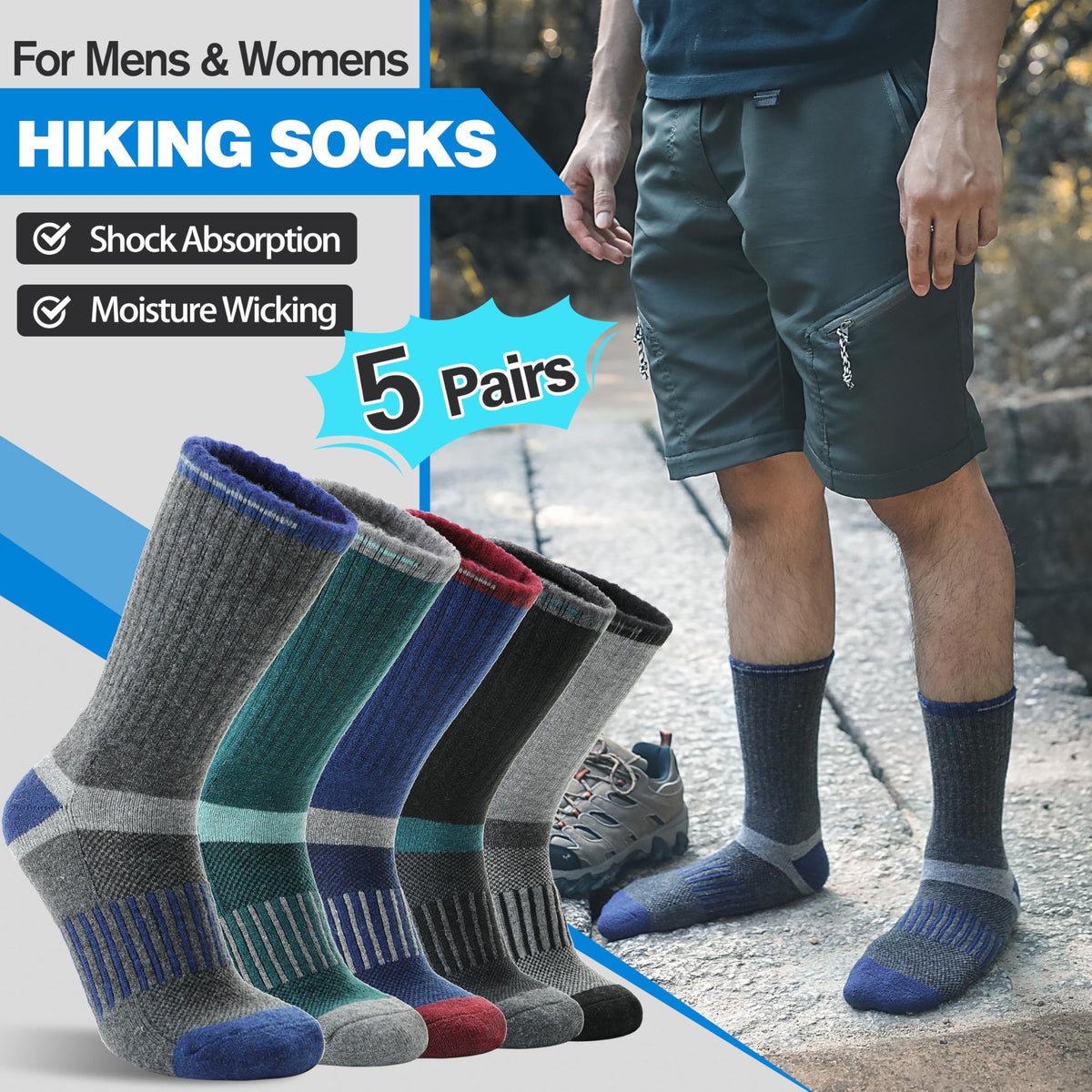 MOGGEI Merino Wool Hiking Socks for Men Warm Thermal Winter Cozy Work Crew Socks Gifts Stocking Stuffers 5 Pairs (Dark Pinstripes A,L)
