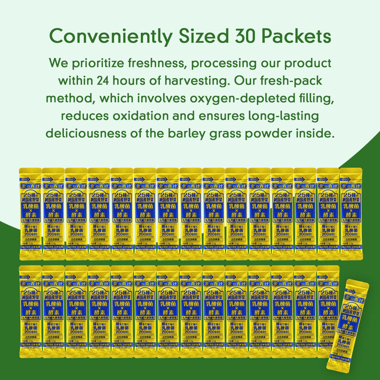 Kin no Aojiru Veggie Blend - 25 Types of Pure Japanese Vegetables Including Young Barley Grass - Ready-to-Use 0.12 oz. (3.5g) Individual Packet × 30pcs - Gluten Free