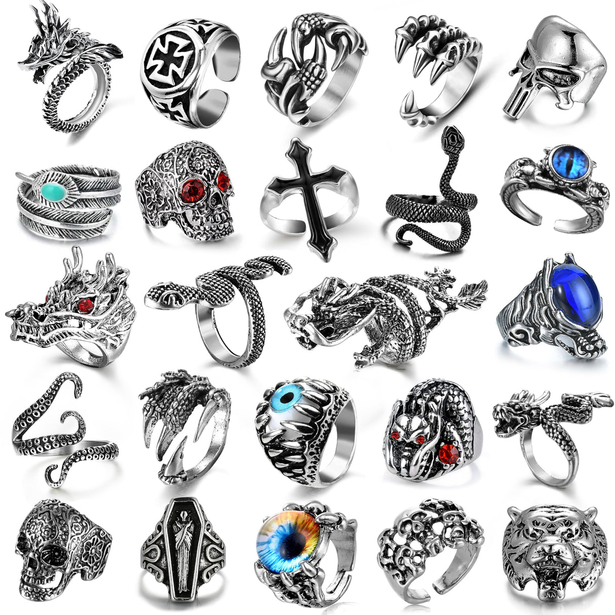 EIELO 24Pcs Vintage Punk Rings Set for Men Cool Gothic Chunky Rings Statement Snake Claw Skull Dragon Eyes of Hell Open Boho Ring Set
