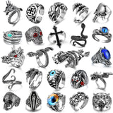 EIELO 24Pcs Vintage Punk Rings Set for Men Cool Gothic Chunky Rings Statement Snake Claw Skull Dragon Eyes of Hell Open Boho Ring Set