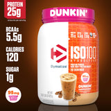 Dymatize x Dunkin' Cappuccino ISO100 Whey Protein Powder, 95mg Caffeine, 25g of Protein, 20 Servings, 5.5g BCAAs, 120 Cal., Gluten Free, 1g Fat, 1g Sugar, 2g Carb