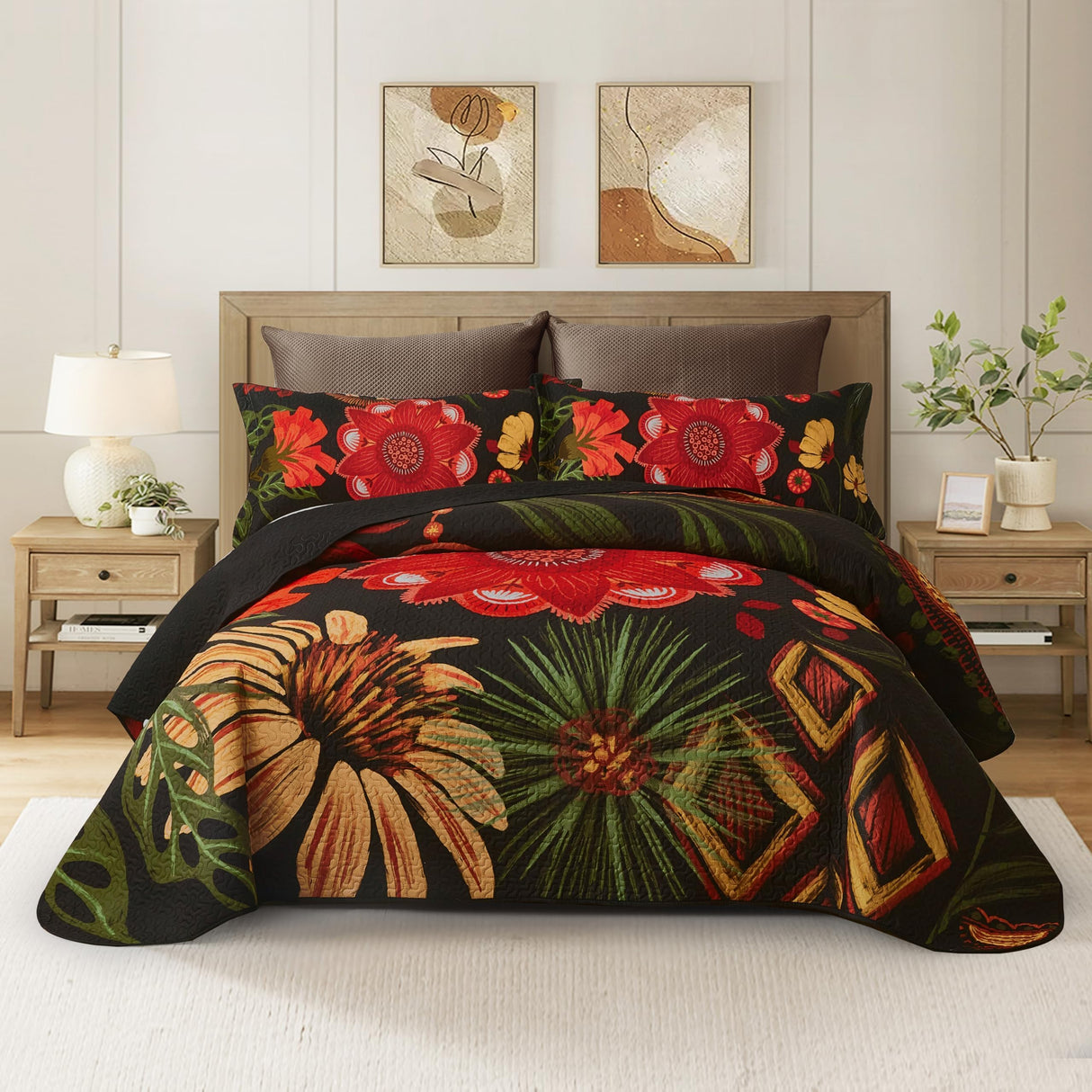 Tyrot 3 Piece Black Red Boho Floral Full/Queen Quilt Sets Farmhouse Christmas Reversible Lightweight Bedspread Coverlet with 2 Shams Mid Century Microfiber Bedding Quilts Set for All Season, 90''x96''