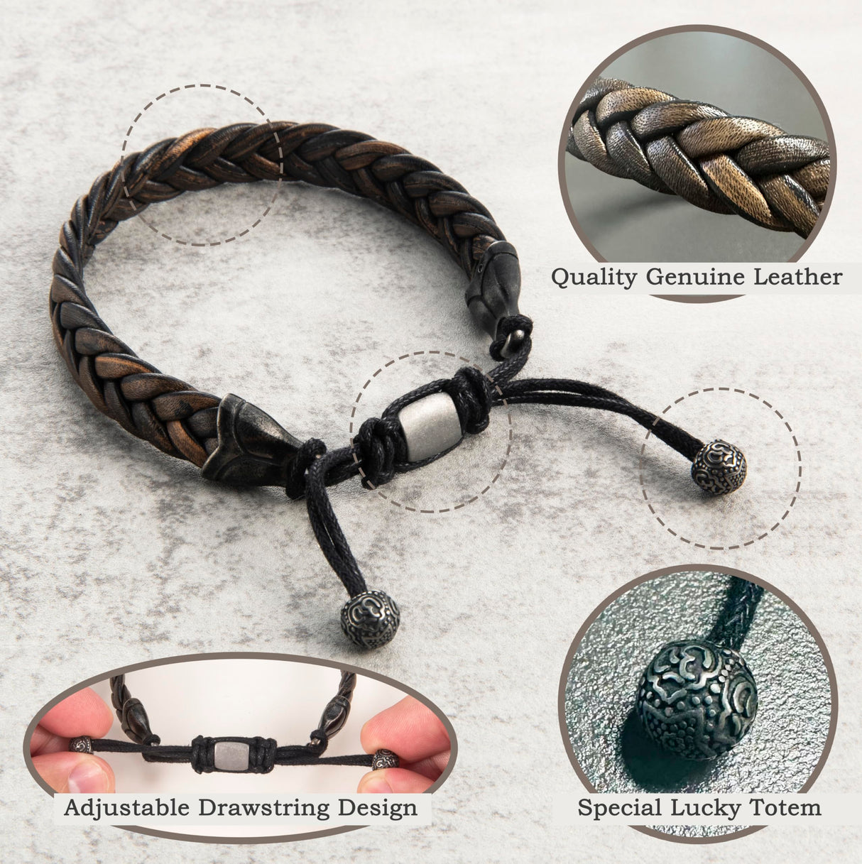 Hius Leather Bracelet for Men, Brown Adjustable Braided Leather Bracelet Wristband, Men's Leather Jewelry
