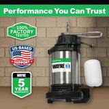 WAYNE CDU980E 3/4 HP Submersible Sump Pump – Cast Iron & Stainless Steel, Vertical Float Switch, 5,490 GPH, 5-Year Warranty
