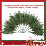 HyeFlora 19 Inch Christmas Norfolk Pine Stems, 12PCS Real Touch Faux Cedar Pine with 5PCS Big Pine Cones Branches, Artificial DIY Greenery Stems Plastic Picks for Vase Indoor Outdoor Home Garden Décor