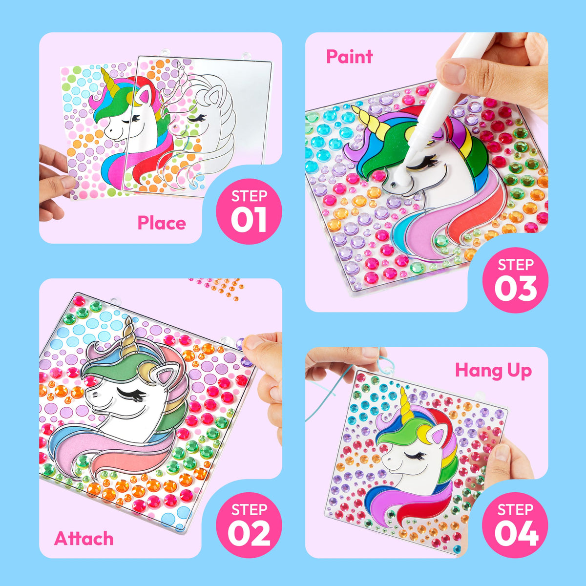 Klever Kits 4PCS Window Art, 2-in-1 Gems and Gels Suncatcher, 2 Ways to Play Diamond and Gels, Arts & Crafts Toys for Boys Girls, Christmas Birthday Gifts for Kids Age 6 and Up