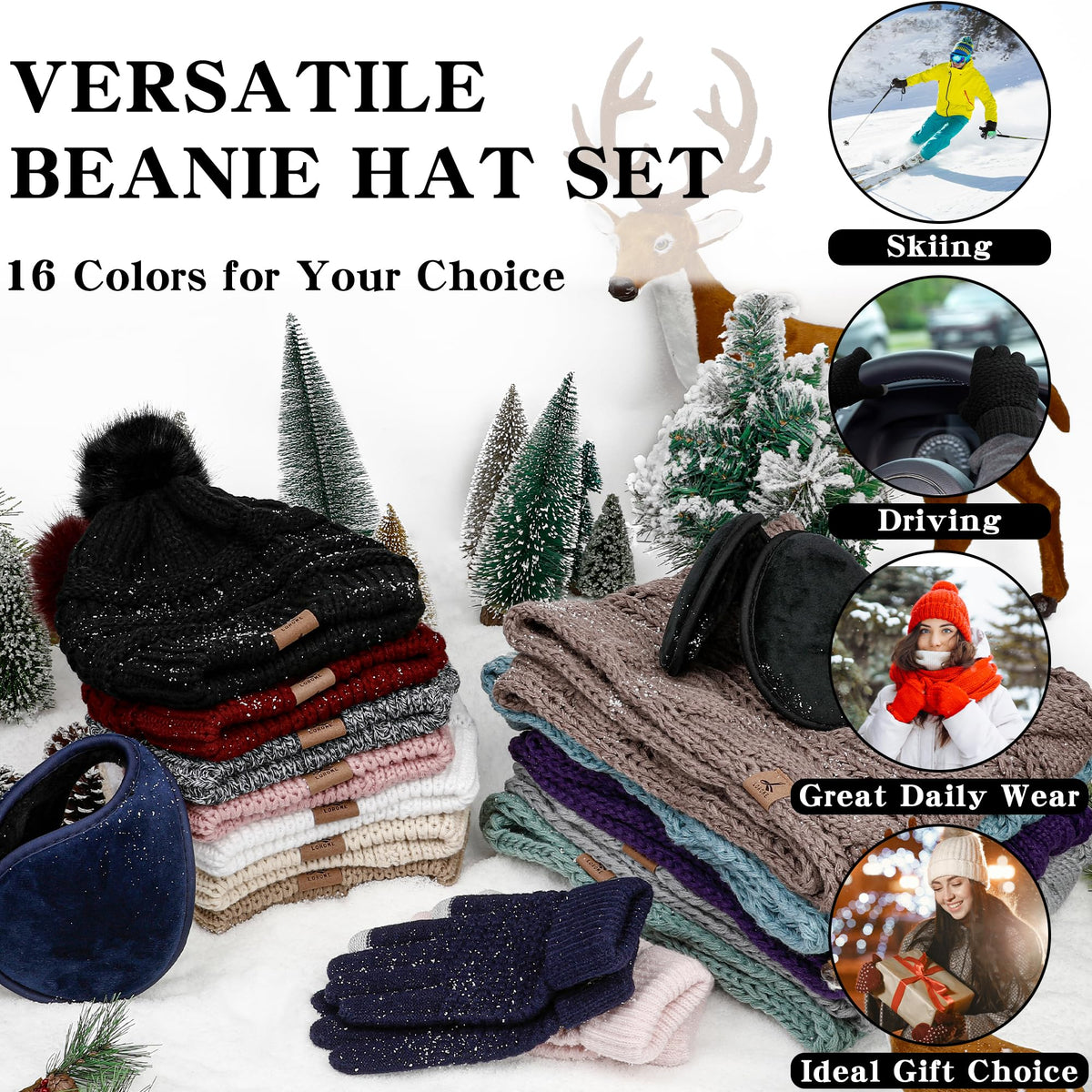 LOROME Winter Beanie Hat Scarf Gloves Set with Ear Muffs Warmer for Women
