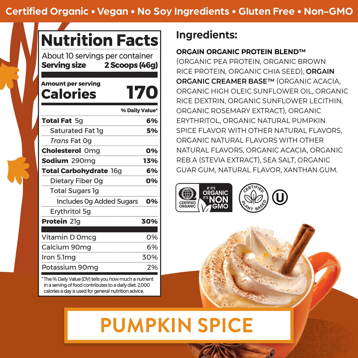 Orgain Organic Vegan Protein Powder, Pumpkin Spice - 21g of Plant Based Protein, Non Dairy, Gluten Free, 1g of Sugar, Soy Free, Kosher, Non-GMO, 1.02 Lb (Packaging May Vary)