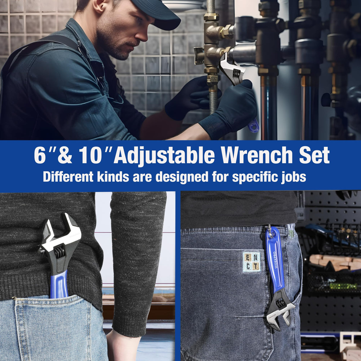 WORKPRO 2-Piece Adjustable Wrench Set, 6-Inch & 10-Inch Wide Jaw Black Oxide Wrench, Cr-V Steel, Metric & SAE Scales, Max Jaw Opening 15/16" & 1-5/16", for Home Repairs, Plumbing, Garage Work