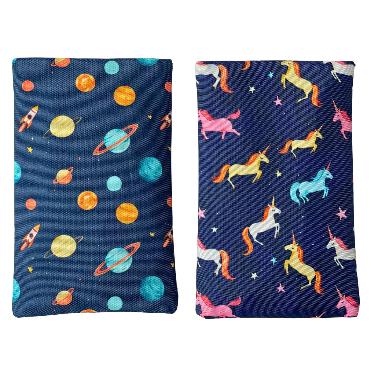 Yumbox Reusable Soft Ice Packs with Fabric Sleeve for Lunch Box and Cooler, Sweatproof, Pack of 2 Gel Ice Packs, Outer Space and Unicorns Prints