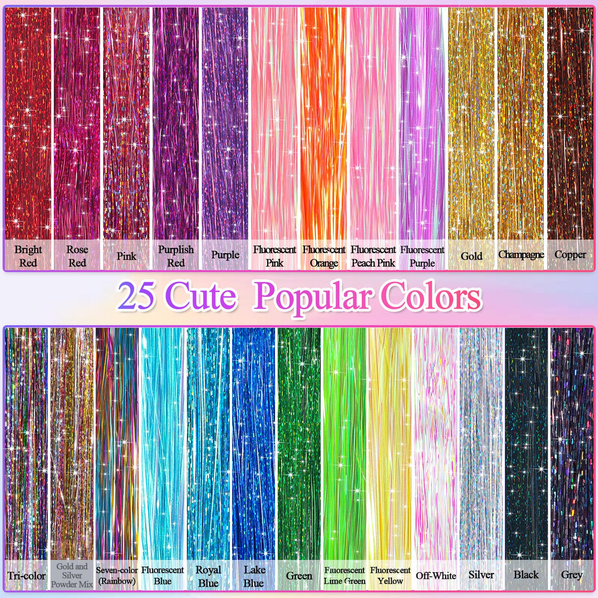 25Colors Fairy Hair Tinsels Kit 5000 Hair Glitter Strands 48Inch Heat Resistant Tinsel Hairs Extension Sparkling Shiny Highlights Hairs Tinsel with Tools for Christmas Halloween New Year Cosplay Party