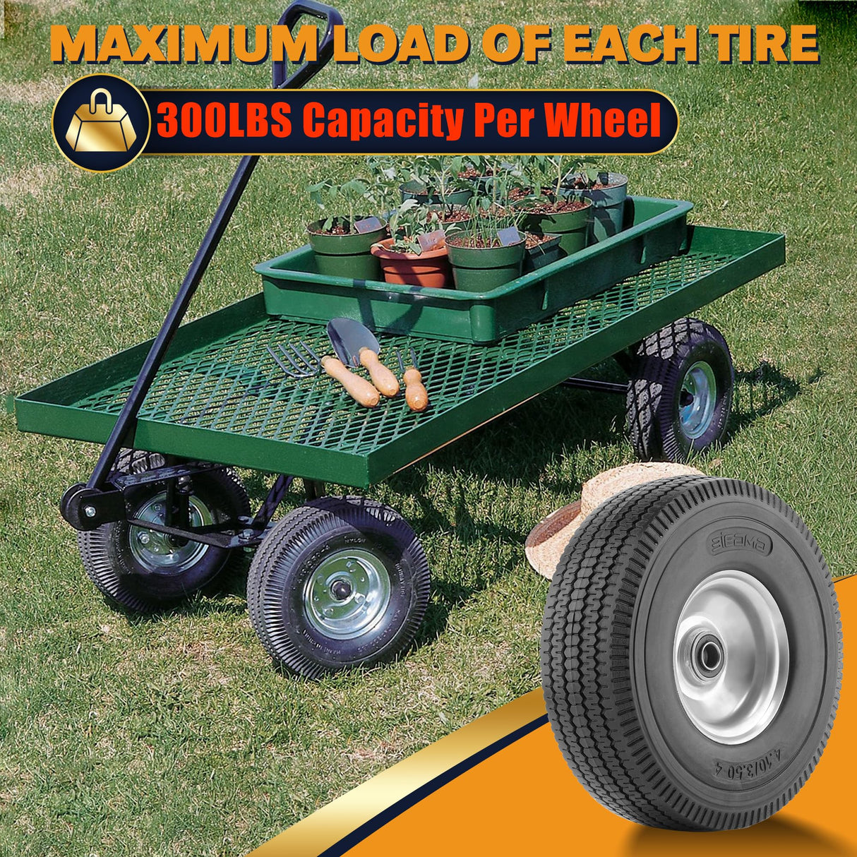 BIEAMA 2 Pack 10" Solid Rubber 4.10/3.50-4 Flat Free Tire, Raised Tread
