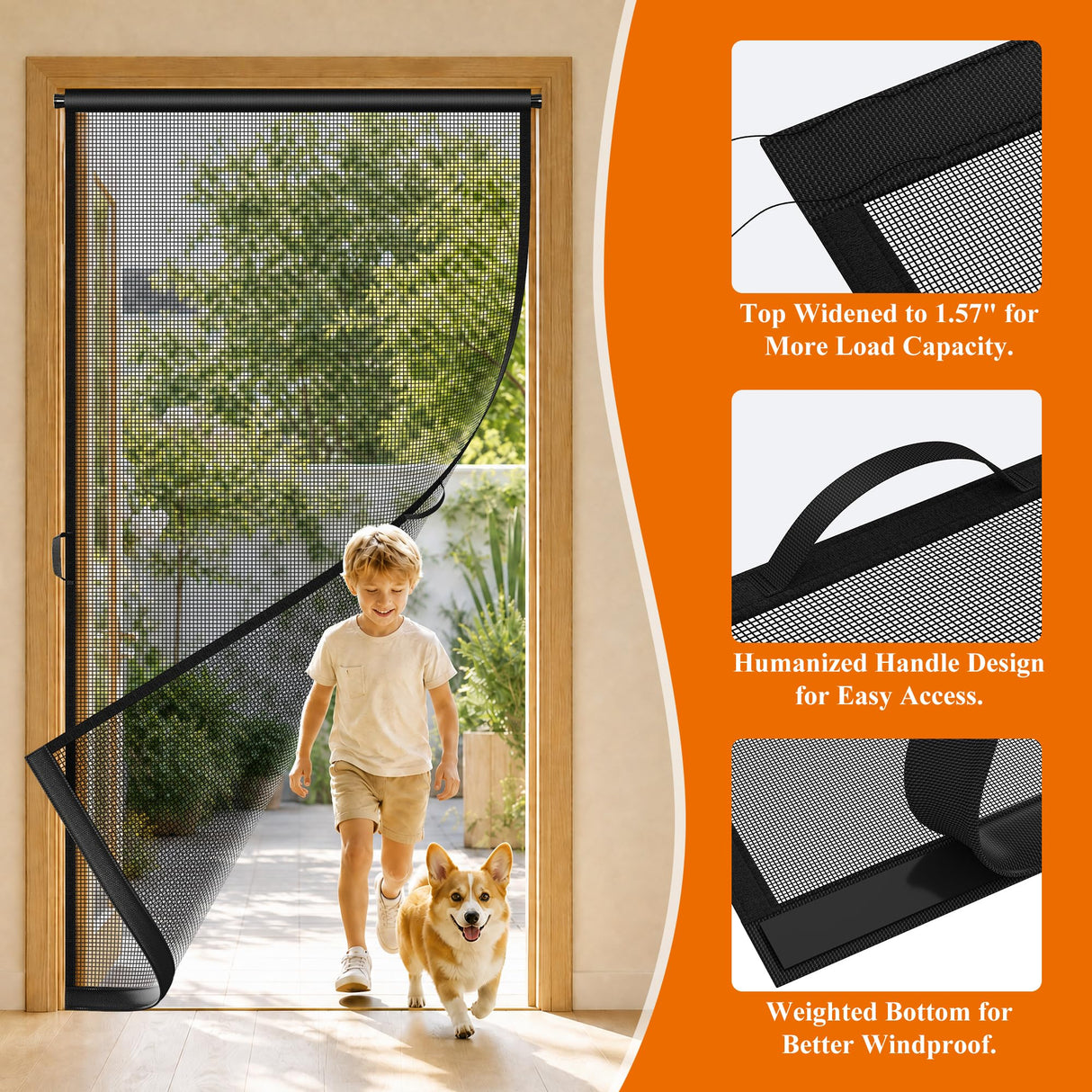 MAGZO Hanging Screen Door Curtain, Fits Door Size 32" x 80" (Mesh Size 34'' x 81''), Durable Fiberglass with Tension Rod and Hook&Loop (One Piece Can be Installed in 2 Ways), Weighted Bottom, Grey