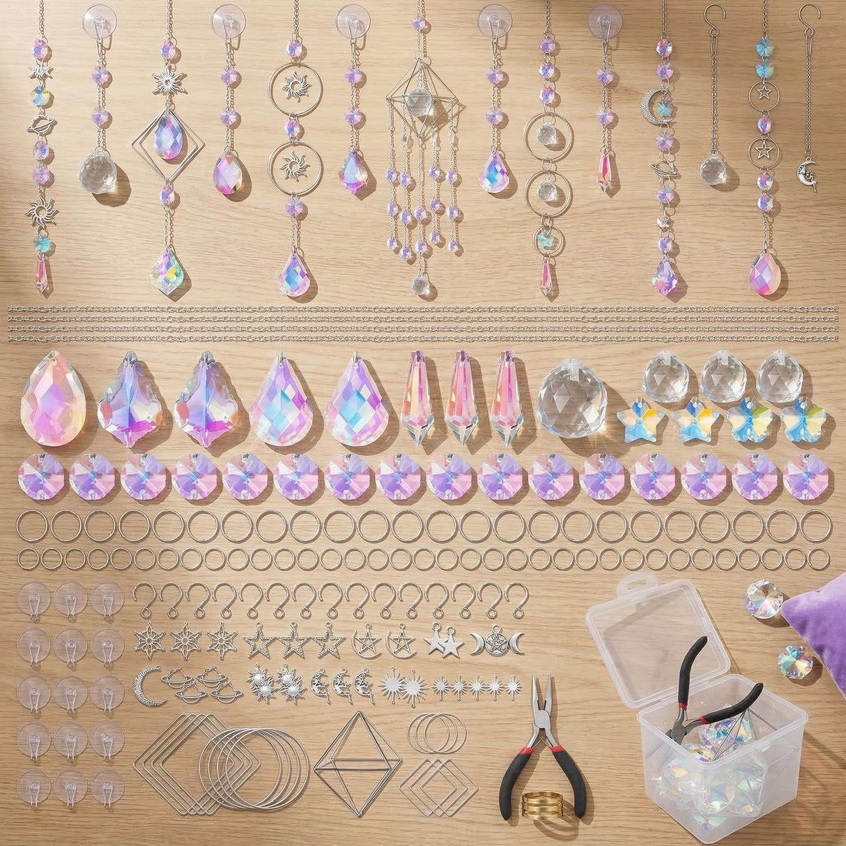 Suncatcher Kit for Adults, DIY Crystal Suncatcher Making Kit with Prism Beads, Includes 15 Strong Adhesive Hooks for Easy Hanging, 380PCS to Make 15 Suncatchers, Home Decor Gift