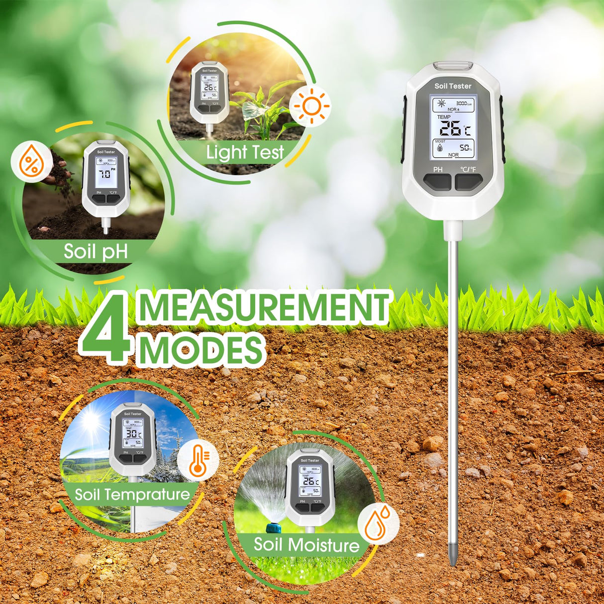 YAMRON 4-in-1 Soil Moisture Meter Digital Plant Temperature/Soil Moisture/pH Meter/Sunlight Intensity Backlight LCD Display Soil Test Meter for Gardening, Farming and Outdoor Plants
