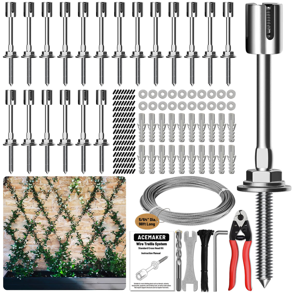 Acemaker Wire Trellis Kit, 20-Set 5/64” Crosshead with Cutter & 98ft Cable