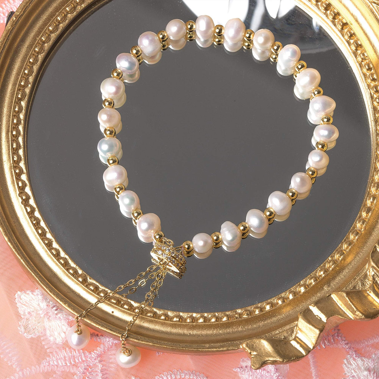 Cowlyn Pearl Bracelet Chain Link Baroque Culture Bossimi 14K Gold Filled Adjustable Fashion Valentine Charm Dainty Handmade Jewelry for Women Wife Mother