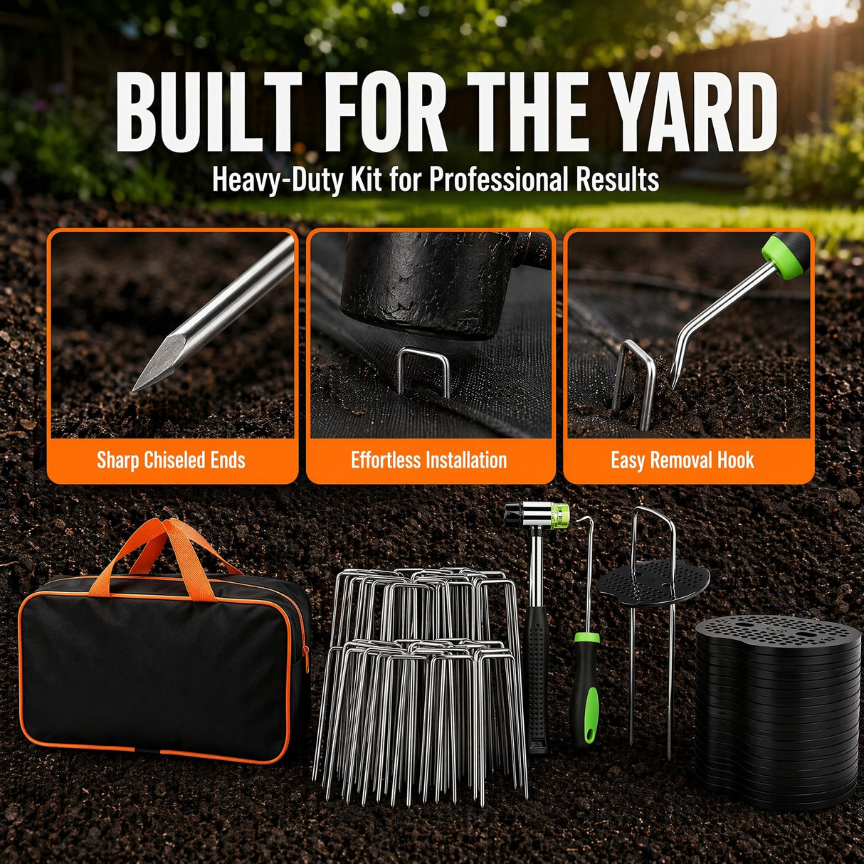 202Pcs Garden Stake Staple kit, 100Pcs 6-inch U-Shaped Landscape Staples, 100 Fixing Gasket, Pick Hook, Rubber Mallet Used for for Weed Barrier Fabric, Ground Cover, Holding Fence and Artificial Turf