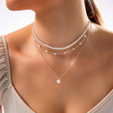 Zeffy Layered Silver Pearl Necklaces for Women Silver Plated Dainty Layered Tiny Single Pearl Choker Trendy Cute Silver Necklace Stack Wedding Jewelry Sets for Women Bridesmaid Gifts