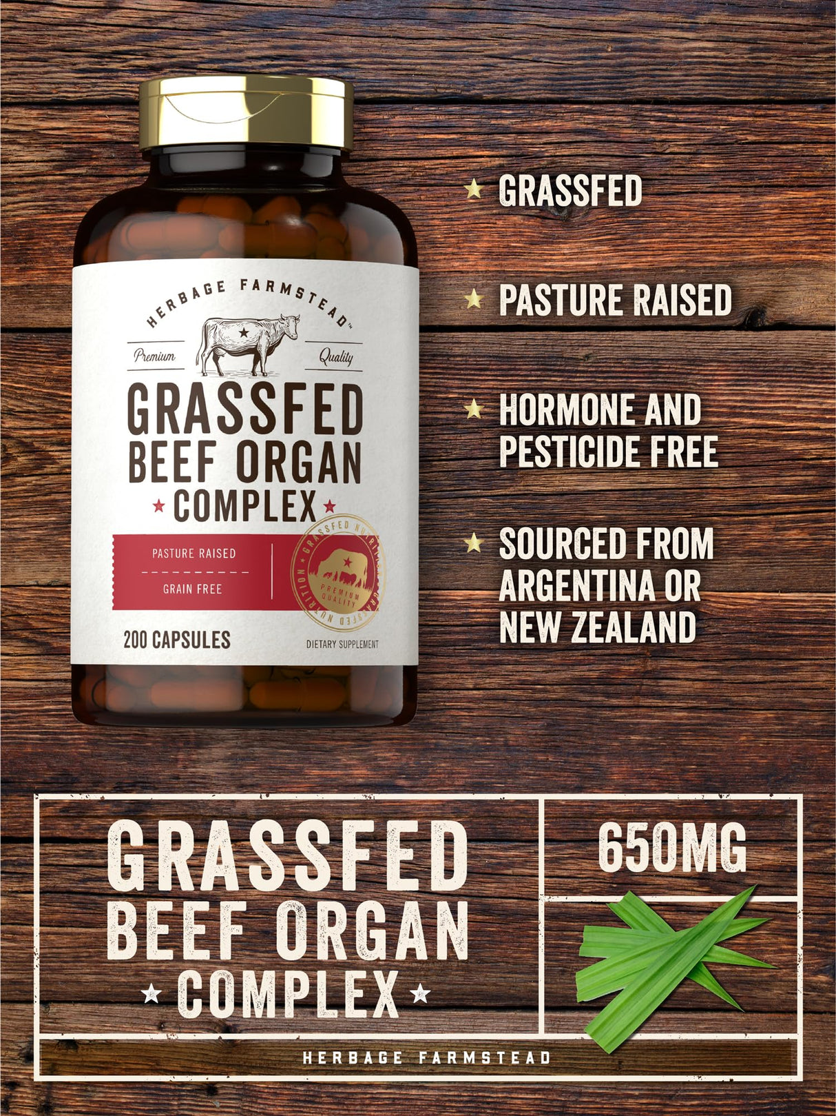 Carlyle Grass Fed Beef Organ Complex | 200 Capsules | Pasture Raised, Grain Free Supplement | with Desiccated Liver, Kidney, Pancreas, Heart, Spleen | Non-GMO, Gluten Free | by Herbage Farmstead
