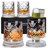 Spinning Whiskey Glasses Set of 4, 9.5 oz with Rotating Bases, Whiskey Gift