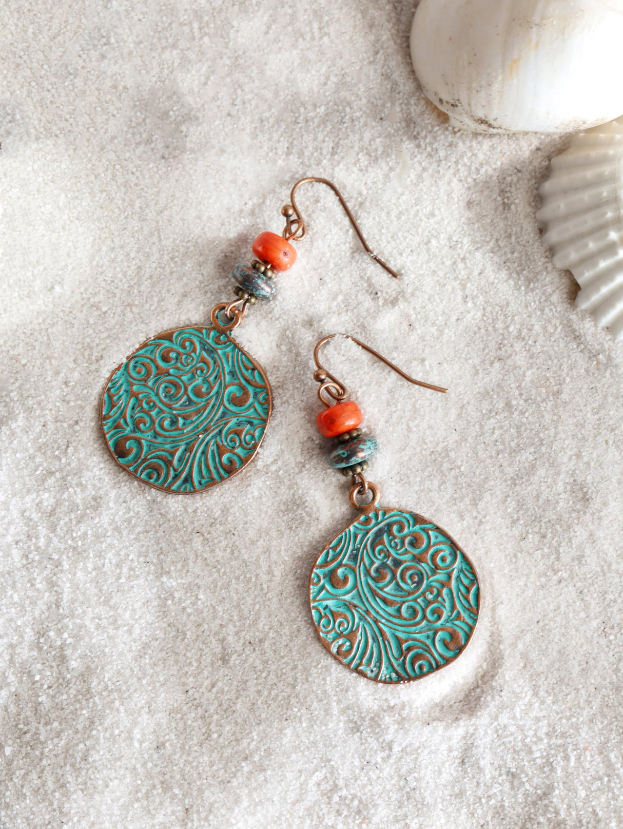 MINACHI Bohemian Engraved Circle Disc Dangle Drop Earrings with Bead Accents, Boho Hippe Jewelry Gift for Women