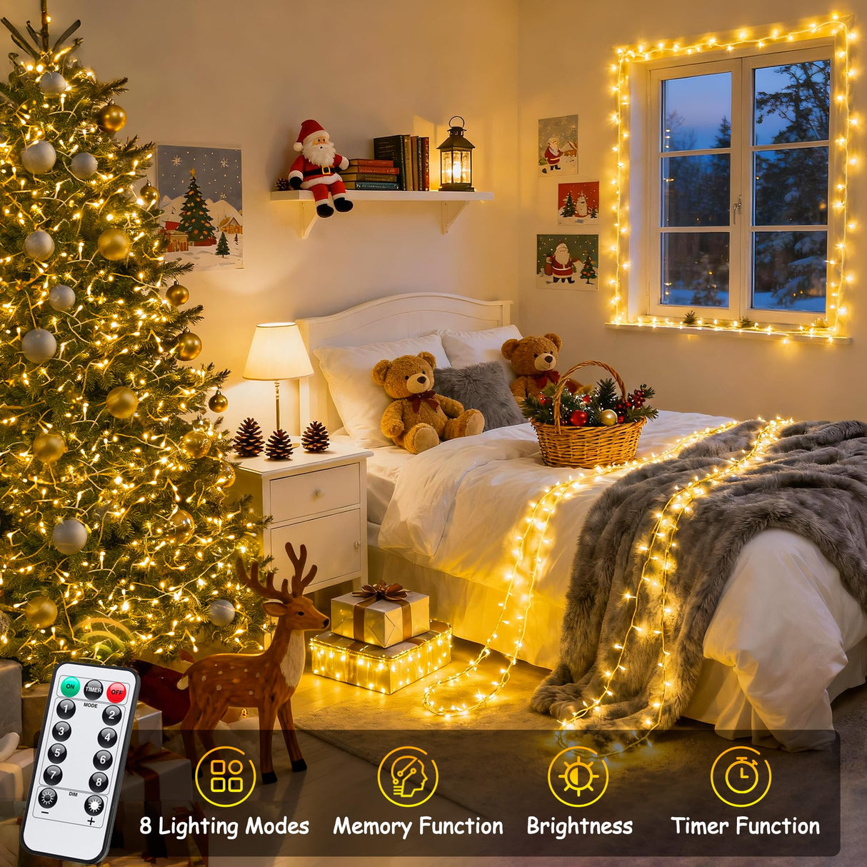 JMEXSUSS 2 Pack Battery Operated Christmas Lights with Remote, Total 66ft 200 LED Battery String Lights Outdoor Indoor, Warm White Twinkle Light for Christmas Tree Bedroom Porch Garland Yard Decor