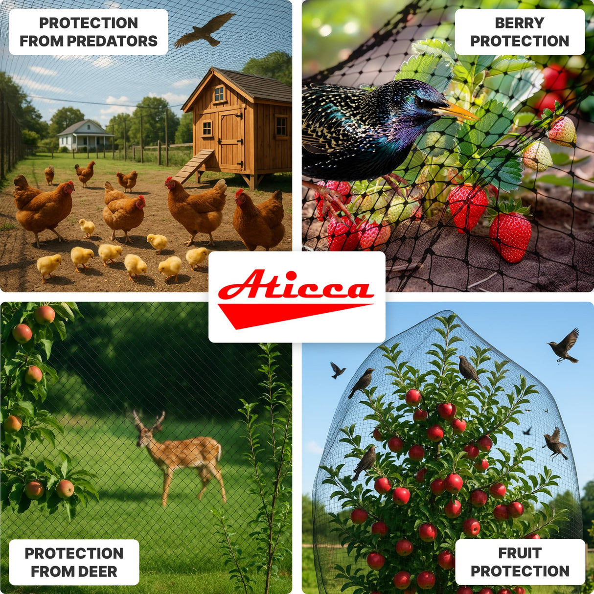 ATICCA Heavy Duty Bird Netting for Garden Protection & Fruit Trees, 7.5x65 Ft with 10 Stakes – Black Anti-Bird Net for Poultry, Deer, & Squirrel Protection, Durable Mesh for Garden and Yard Use
