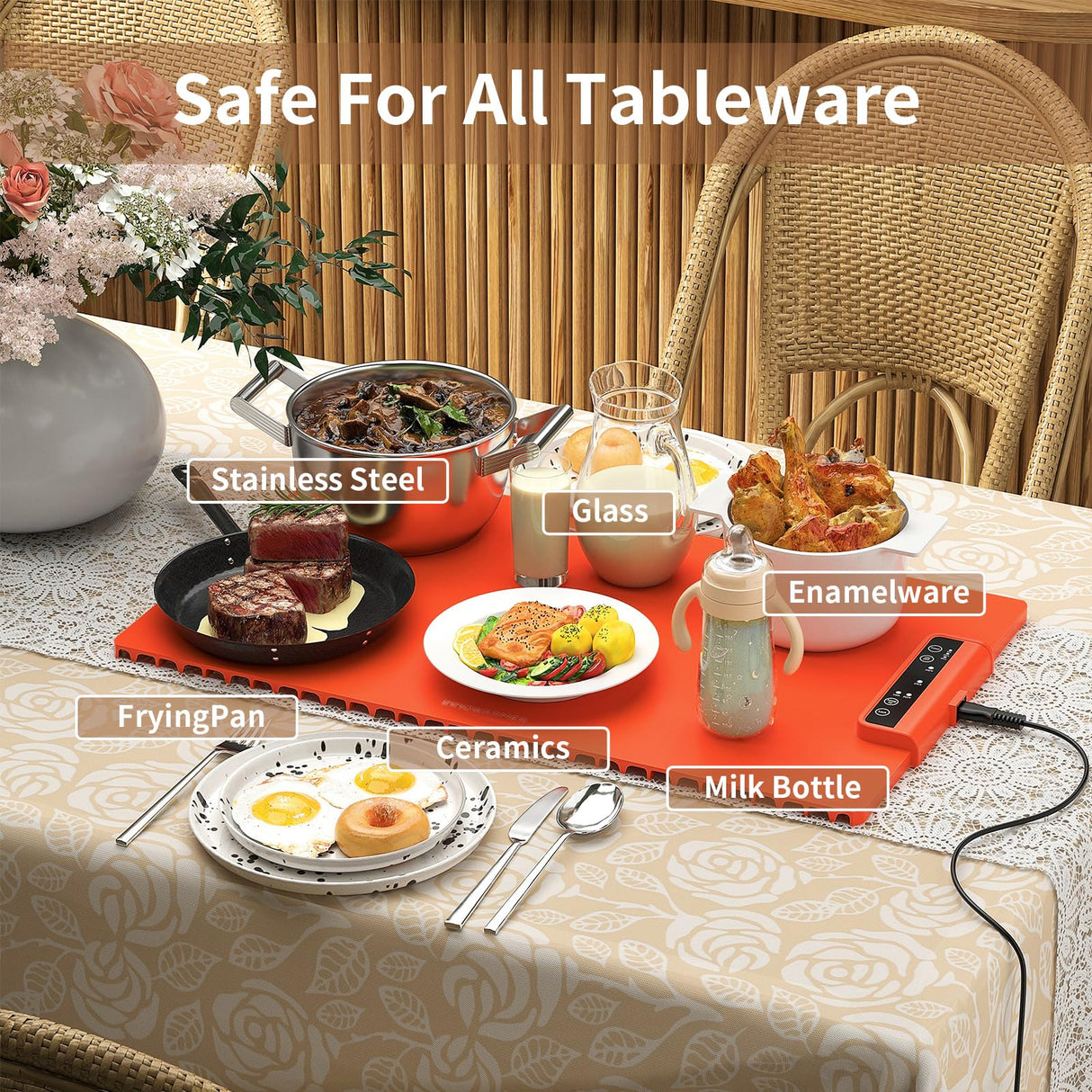 Electric Food Warming Mat: Silicone Food Warmer for Parties Buffet, Portable Fast Heating Pads for Food, Pizza Coffee Tea Heater Meat Defrosting Tray Adjustable Temperature (Orange)