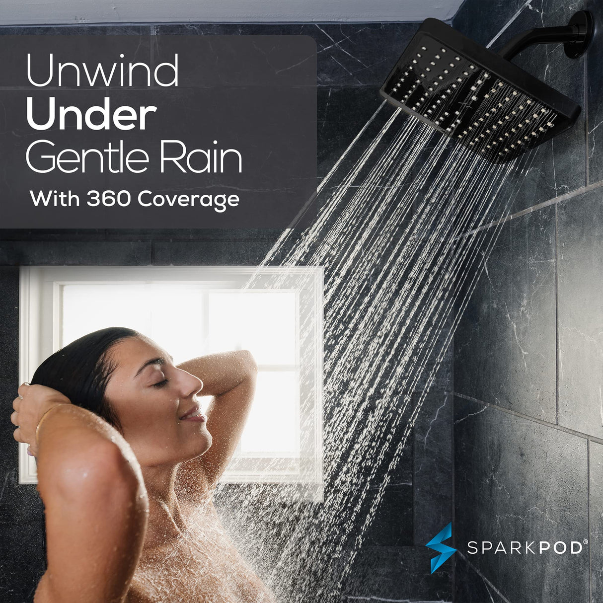 SparkPod Shower Head - High Pressure Rain - Premium Quality Luxury Design - Easy Clean Adjustable Replacement for Your Bathroom Shower Heads (Midnight Black Matte, 8 Inch Square)