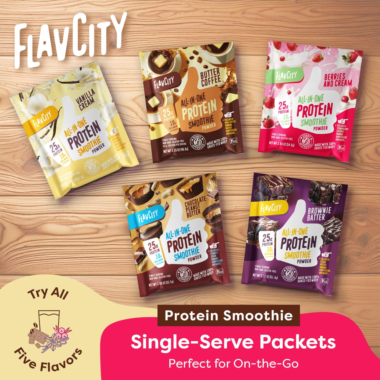 FlavCity Grass Fed Whey Protein Powder - Variety Pack - 25g Protein & 10g Collagen - 5 Single Serve Packets - Made with Organic Reishi & Cordyceps - Gluten Free & No Added Sugars