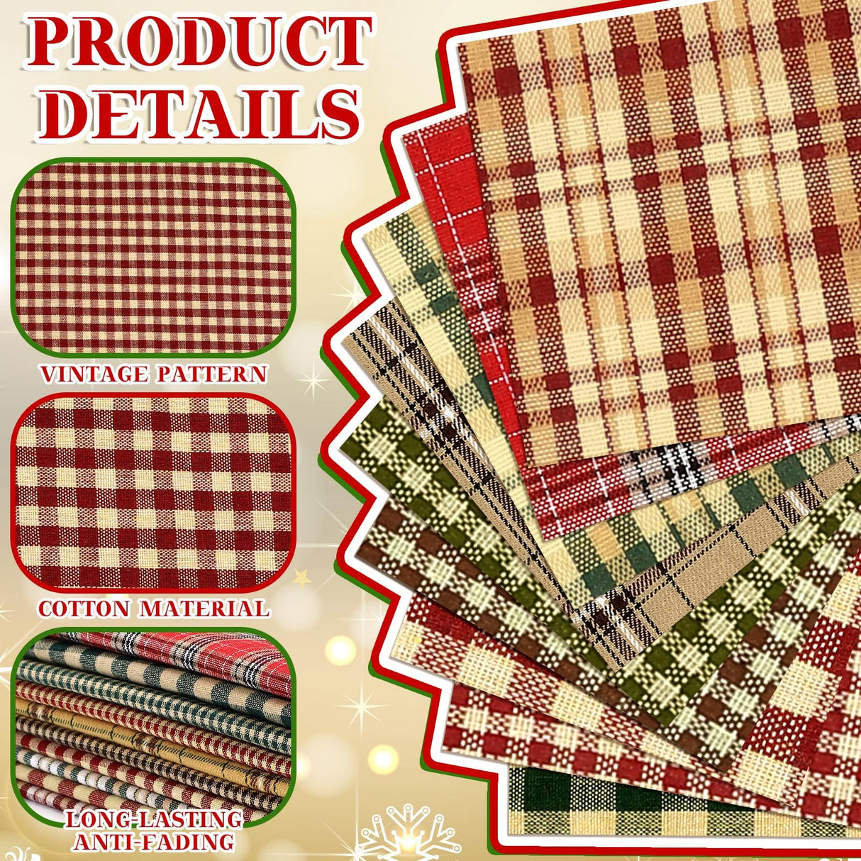 Fanfanwin 60 Pcs 10 x 10 Inch Vintage Christmas Quilting Fabric Plaid Homespun Cotton Fabric Jelly Squares Lattice Rustic Precut Santa Claus Quilting Strips for Xmas Craft Sewing DIY