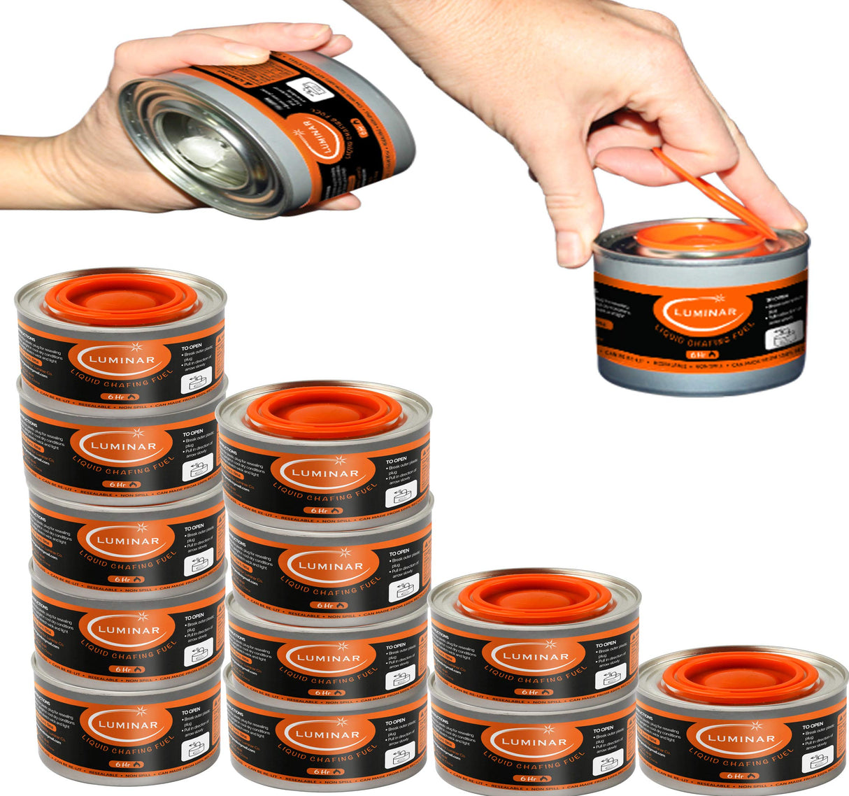 Luminar Resealable-Wick Chafing Fuel Cans, 12 Pack, 6 Hour - Premium Quality Burners for Food Warmers - No More Spills, Waste, or Hassle - Perfect for Convenient, and Long-Lasting Event Catering