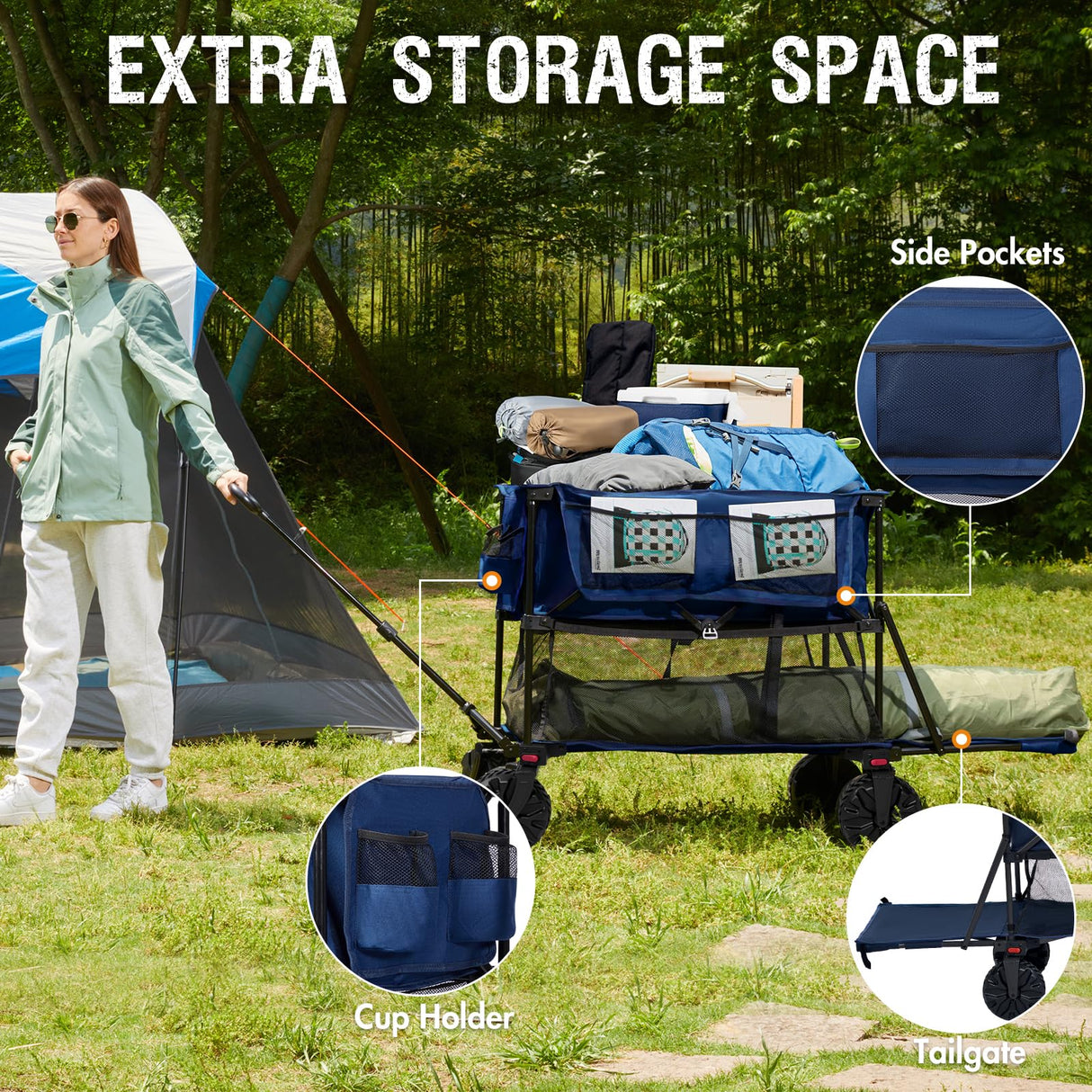 Portal Collapsible Double Decker Wagon Folding Utility Cart with Tailgate, Beach Wagons with Big Wheels, 660LB Heavy Duty Foldable Wagon 14 FT³ Large Capacity for Camping, Sports, Garden